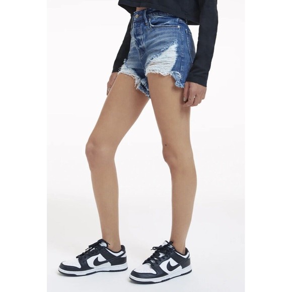 Good American NEW Bombshell Distressed High Rise Shorts Blue646 14/32 Button Fly